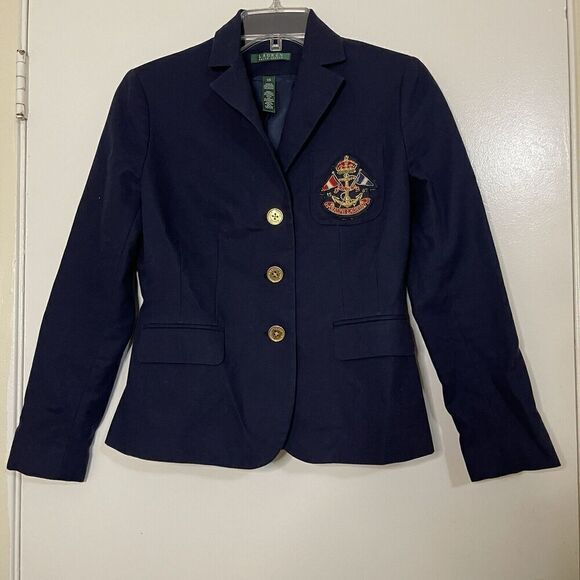 Ralph Lauren Gold Crest Logo embroidered Button Blazer Navy Rugby Academia XS - Picture 1 of 4